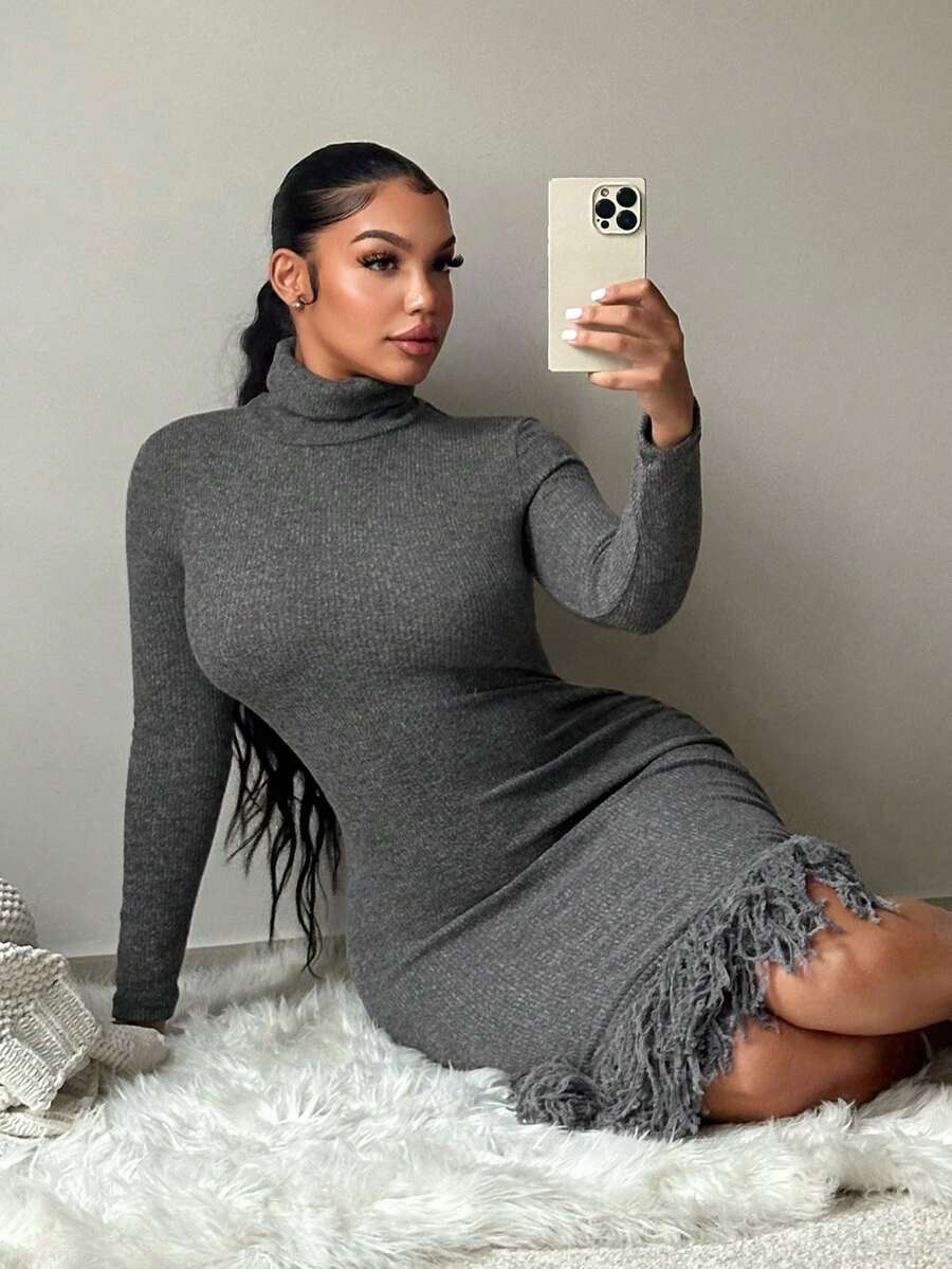 SHEIN SXY Đầm nữ ấm áp cổ cao tay dài bất đối xứng gợi cảm - Xám - Xem 1