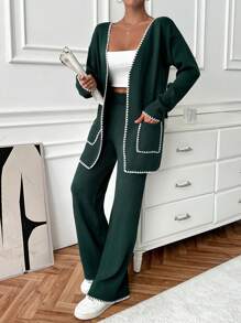 EURMUSE 2pcs Contrast Trim Knitted Cardigan And Pants Set - Dark Green - View 2
