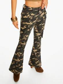 ROMWE J-Fashion Y2K Harajuku Style Cargo Pocket Low Rise Camo Women Jeans - Brown - View 4