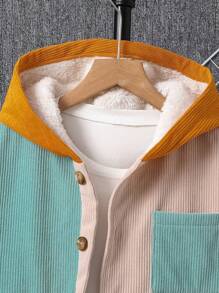Tween Boy Casual Corduroy Color Block Hoodie Jack, Warme Thermische Voering, Geschikt Voor Herfst, Lente En Winter, Ideaal Voor Buitenspelen, School, Straat, Feest En Vrije Tijd, Hoge Prijs-Kwaliteit