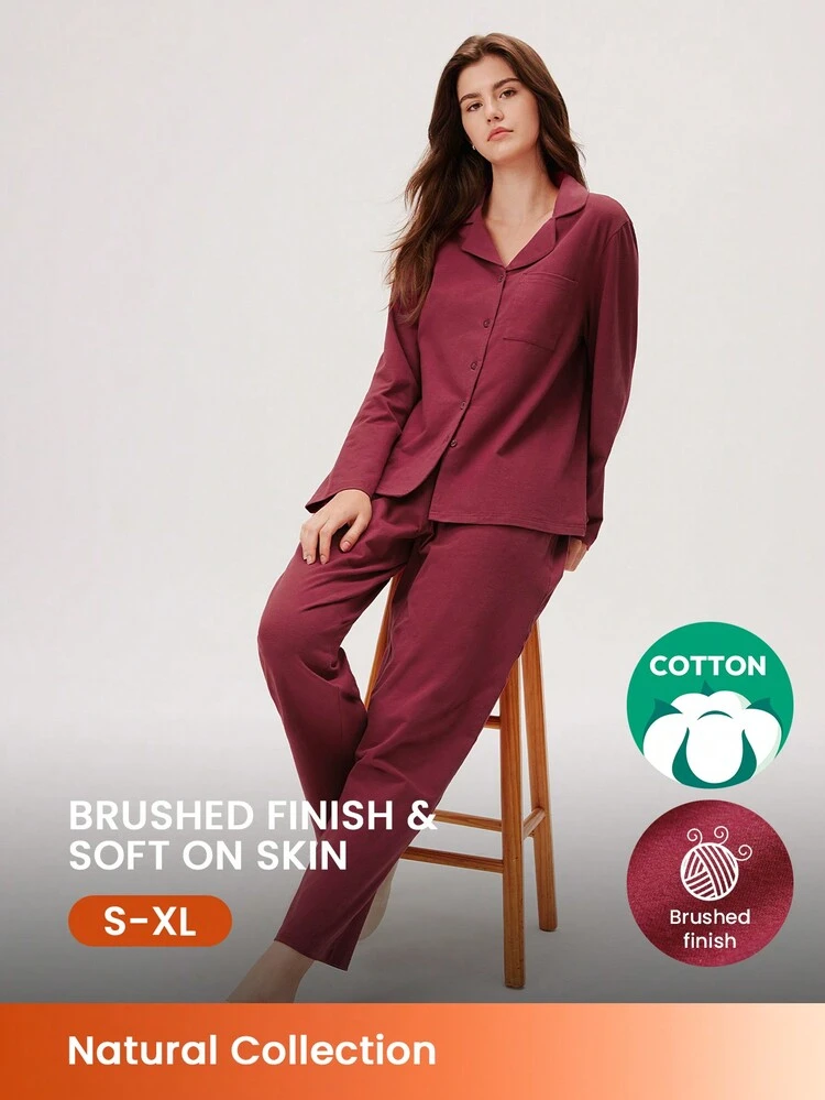 クリスマス & 新年 パジャマ レッド & バーガンディー ソフトブラシドコットン ベーシックパジャマセット レディースルームウェアセット レディースパジャマセット ポケット付きパンツ ウェディングアイテム