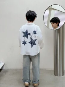 SHEIN Tween Boys 星星印花宽松日韩风格衬衫，多功能：分层、外套，适合秋季/春季、户外玩耍、学校、街头风格、派对、休闲装，物有所值