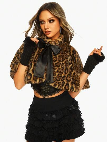 Kawaii 1pc Vintage Cute Bow Decor Hooded Fluffy Coat For Women