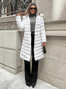EURMUSE Water Proof , Keep Warming Feature, Faux Fur Hood Detailed Long Line Puffer Winter Coat - White - View 3