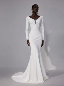 Elitara White Spring Elegant Formal Party Wedding Dress,Luxurious Lace Patchwork Elastic Knit Backless Fishtail Bridal Gown With Trailing Hem For Bride - Beige - View 6