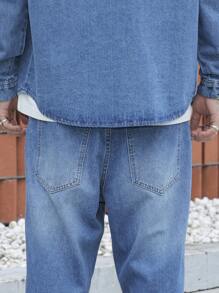 Manfinity Homme Men Plus Size Casual Fashionable Washed Denim Jacket And Jeans Set, Suitable For Spring And Autumn - Medium Wash - View 8