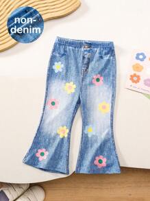 女宝宝可爱百搭松紧腰花卉图案喇叭裤，秋冬 - 彩色 - 查看 1