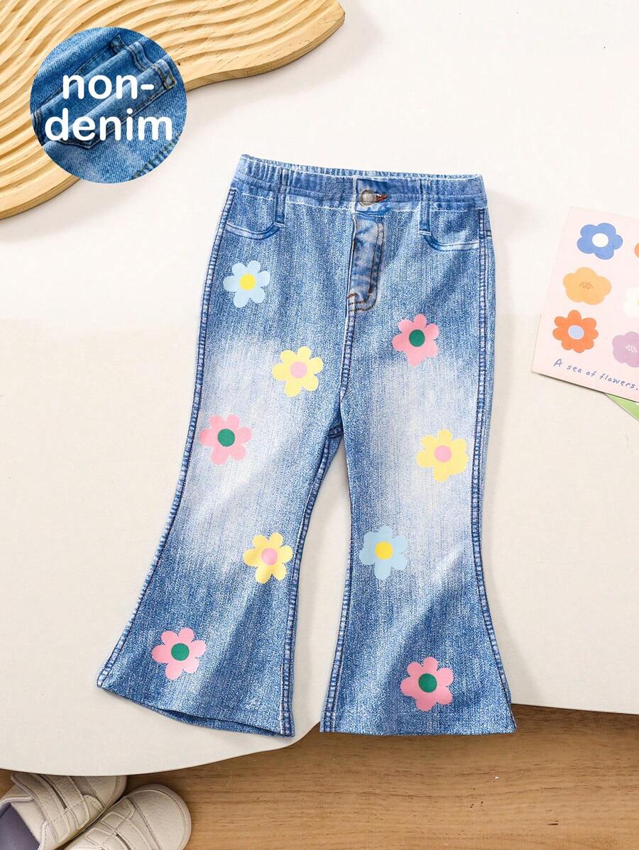 女宝宝可爱百搭松紧腰花卉图案喇叭裤，秋冬 - 彩色 - 查看 1
