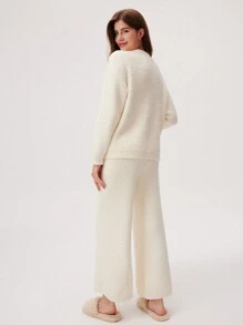 LUVLETTE Autumn And Winter Winter Fuzzy Fleece Button-Up & Pants Loungewear Pajama Set Lingerie As Outerwear Fall Pajamas Clothes - Beige - View 5