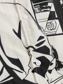 Manfinity VCAY Plus Size Men's Casual Loose Anime Character & Architecture Graphic Print Street Wear Short Sleeve Woven Shirt, For Going Out