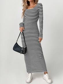 SHEIN Tall Women's Round Neck Striped Long Dress For Autumn & Winter - Black and White - View 6