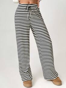 SHEIN Tall Quần sọc thắt nơ phía trước cho nữ - màu đen - Xem 5