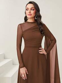 Modelyn 女士纯色圆领网眼拼接透明优雅长袖连衣裙长款晚礼服 - 咖啡棕 - 查看 5