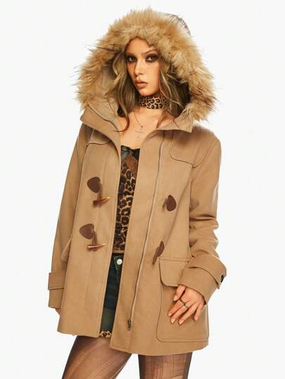 J-Fashion Women Horn Button Design Long Sleeve Patchwork Fluffy Hooded Casual Knitted Coat For Winter