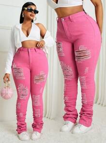 SHEIN SXY Valentine's Day Plus Size Denim Stretch Hole Leggings - Pink - View 1