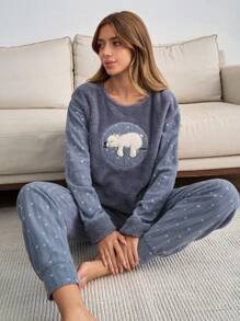 RueChic 2pcs Plush Bear Embroidery Detail With Star Pattern Homewear PJ Set - Grey - View 3