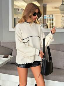 EURMUSE Pocket Colorblock Black And White Sweater - Apricot - View 4