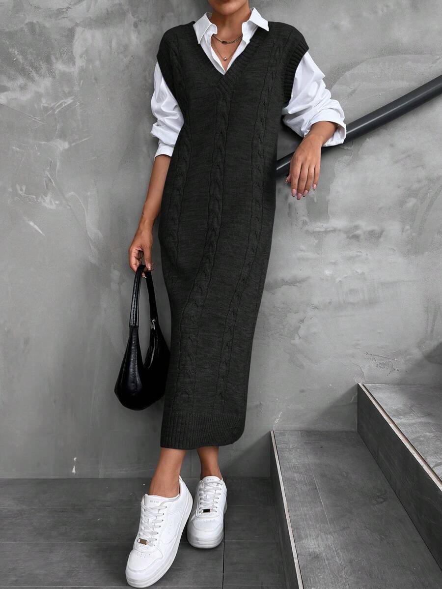 EURMUSE Váy len không tay cổ chữ V dệt kim màu trơn - màu đen - Xem 1