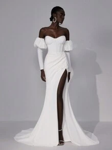 Elitara Elegant Luxury Ivory Strapless Removable Puff Long Sleeve Lace Up Back Tie Off Shoulder Herringbone Elastic Knit Split Hem See-Through With Applique Fish Tail Dress With Train, Suitable For Wedding, Party, Vacation - Beige - View 5