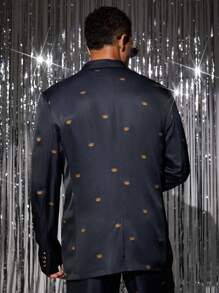 Manfinity VCAY 1pc Men's Slim Fit Casual Everyday Lightweight Embroidered Long Sleeve Blazer, For Fall Winter, Christmas - Black - View 3