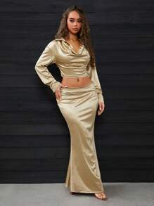 SHEIN SXY Conjunto de 2 piezas de blusa calada y falda de cola de pez en color champán, ideal para fiesta navideña en otoño/invierno