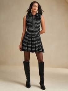 Anewsta Vestido midi con rayas de parches, borde fruncido y efecto de piel sintética sin mangas, adecuado para otoño e invierno - Negro - Ver 5