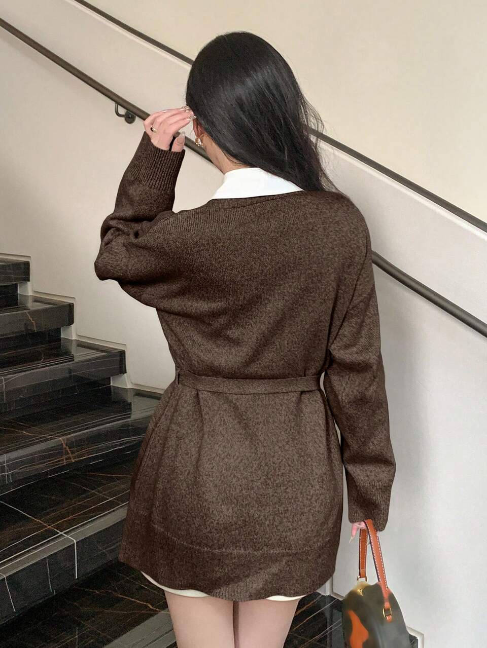 V-Neck Long Floral Chiffon Belt Decor Loose Cardigan For Women,Long Sleeve Tops,Fall Women Clothes