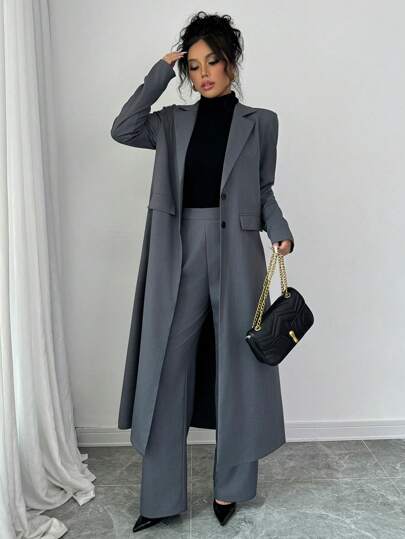 Elenzga Deep Gray Lapel Dropped Shoulder Long Suit Pants For Women Fall Cloth For Women