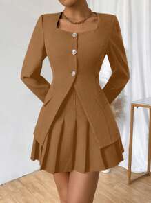 Chiquease 女式纯色方领单排扣优雅办公室西装外套，秋季 - 棕色 - 查看 6