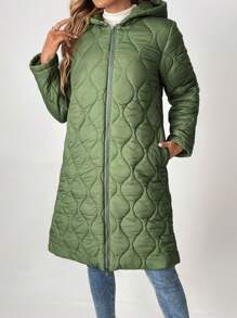 SHEIN Tall Solid Slant Pocket Zip Up Hooded Longline Quilted Coat - Green - View 5