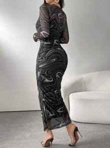 Modelyn Đầm lưới dài cổ tròn in họa tiết cho nữ, mặc thường ngày - Xám - Xem 2