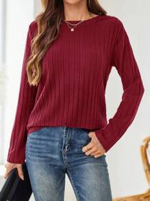 EMERY ROSE T-shirt à manches longues et col rond bleu marine pour femme en automne - Rouge foncé - Voir 3