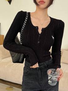 DAZY 1 件女式修身长袖粗针织刺绣毛衣，长袖上衣秋季 - 黑色 - 查看 6