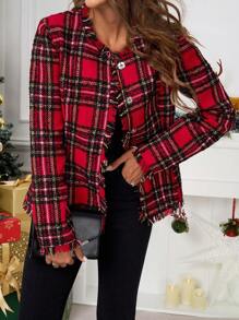 SHEIN Clasi Women's Red Plaid Tweed Jacket For Christmas Christmas Women Clothes