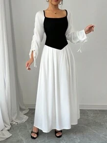 SHEIN Unity Women's Square Collar Patchwork Cinched Waist Long Sleeve Slim Fit Long Dress, Elegant - Black and White - View 4