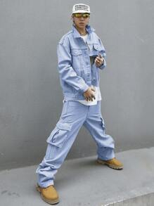 Manfinity Homme 2pcs Men's Casual Washed Denim Jacket & Pants Suit Set, Autumn - Light Wash - View 7