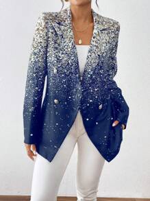 Chiquease 满版印花双排扣不对称下摆优雅长袖西装外套 - 藏蓝色 - 查看 5