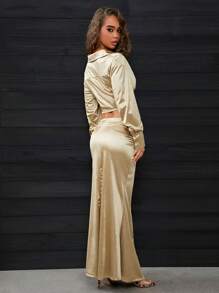 SHEIN SXY Conjunto de 2 piezas de blusa calada y falda de cola de pez en color champán, ideal para fiesta navideña en otoño/invierno