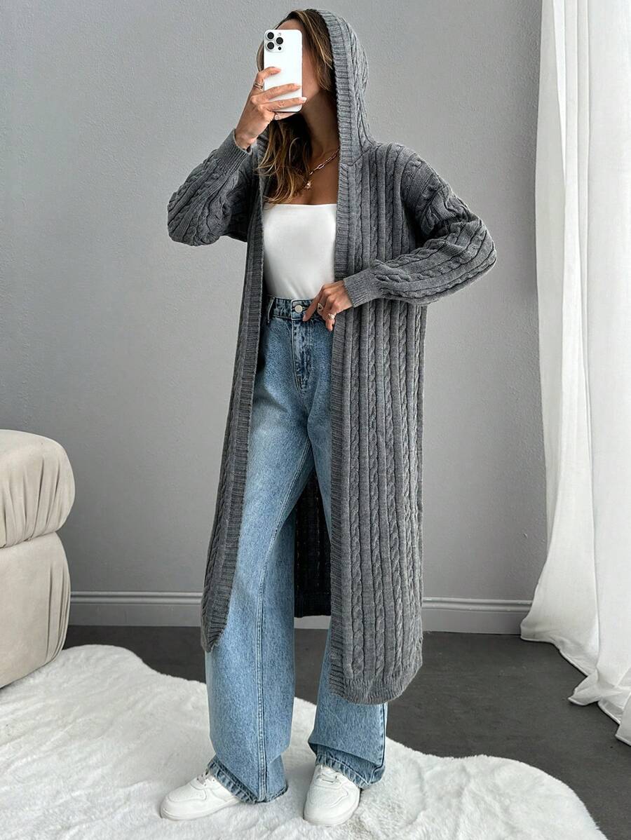 RueChic 女士休闲连帽粗针织长款开衫 - 杏色 - 查看 1