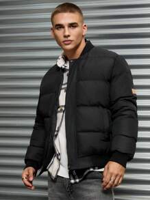 RueChic Men's Basic Style Dark Pattern Fabric Fitted Winter Coat - Black - View 3