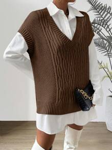 Xyvia Women's Solid Color V-Neck Short Sleeve Simple Knit Vest, Casual Daily Wear - Brown - View 6