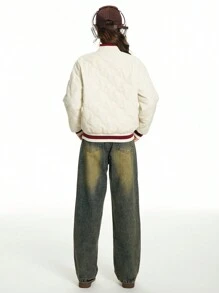 Teen Girls' Casual Quilted College Style Contrast Color Baseball Jacket, Autumn/Winter - Beige - View 2