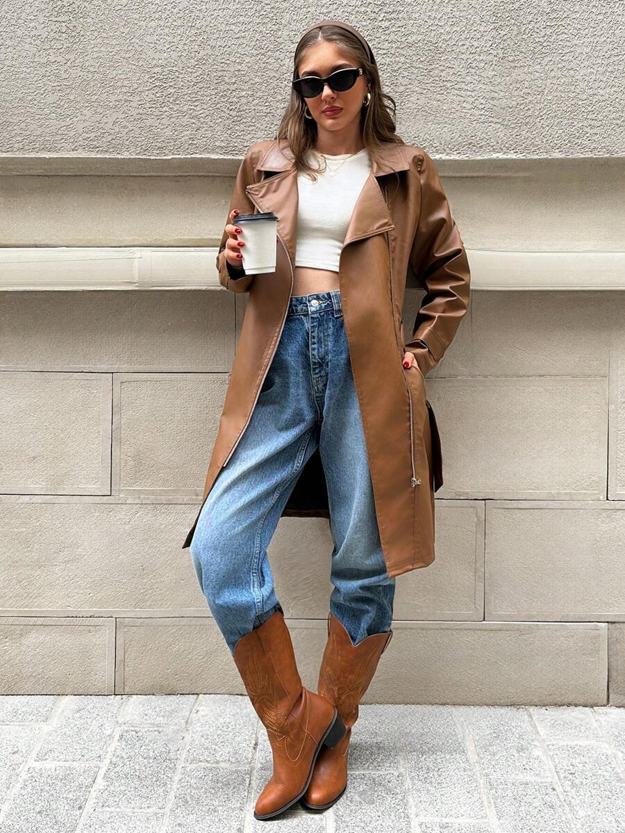 EURMUSE Fauz Leather Biker Style Long Line Over Coat - Brown - View 1