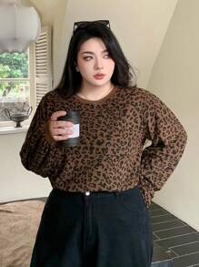 Dazy Plus Leopard Print Round Neck Loose Long Sleeve T-Shirt, Spring/Summer,Fall Clothes - Brown - View 3