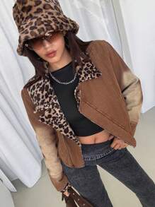 Veste en jean courte style décontracté de rue pour femme, avec col en léopard, fermeture éclair devant. Avec doublure thermique épaisse en denim - Tabac - Voir 3