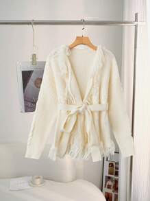 SHEIN Clasi Elegante cárdigan suelto con cuello en V, cintura con lazo y diseño con flecos para mujeres