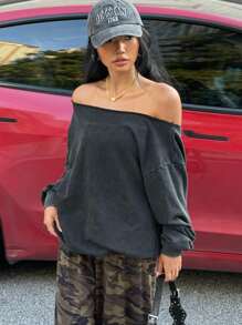 Muchica 1st Dames Distressed Off Shoulder Losse Sweatshirt, Lange Mouw Tops
