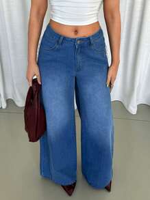 SHEIN Essnce Women Casual Heart Lace Trim Distressed Wide Leg Jeans - Blue - View 5