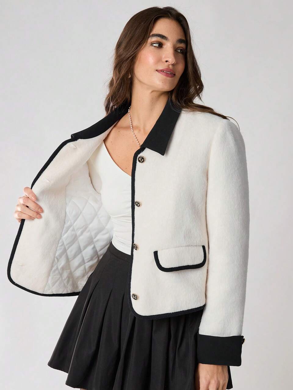 Women's Elegant Black And White Contrast Trim Front Button Jacket,Lapel Long Sleeve Autumn Winter Coat,Fall Clothes For Tea Party,New Year Outfits