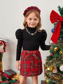 SHEIN Tricou cu mânecă lungă cu gât roscat pentru fete tinere + fustă mini în carouri roșu verde de Crăciun + set de pălărie beretă, stil casual Preppy, potrivit pentru toamnă/iarnă, excelent pentru ținute ocazionale și zilnice și școală zilnic toamna și iarna, pentru Crăciun, fete Haine de iarnă, haine de Crăciun, haine de petrecere, îmbrăcăminte zilnică școală zilnică, haine de zi de naștere, haine de prințesă, potrivire pentru mama și fiica și surorile